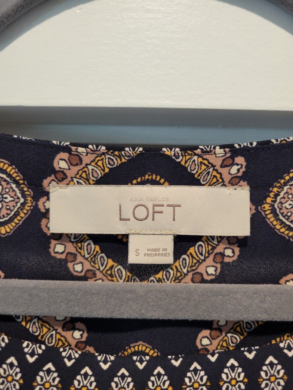 LOFT Navy Paisley-Pattern Long Sleeve Blouse with Yellow Trim - Picture 2 of 6